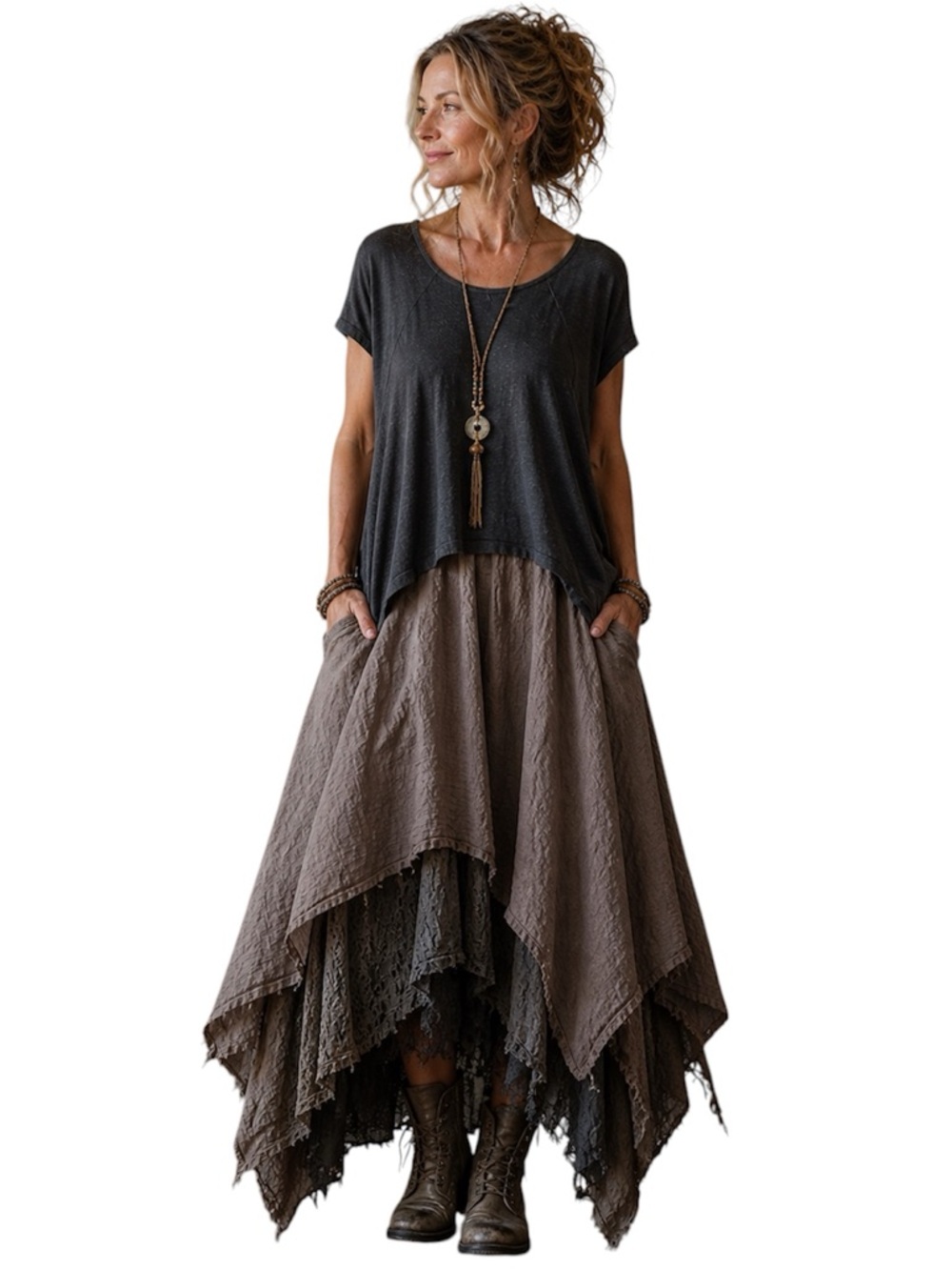 Cut Loose Black Cap-Sleeve Asymmetrical Hem Top, Boho, Lagenlook, M